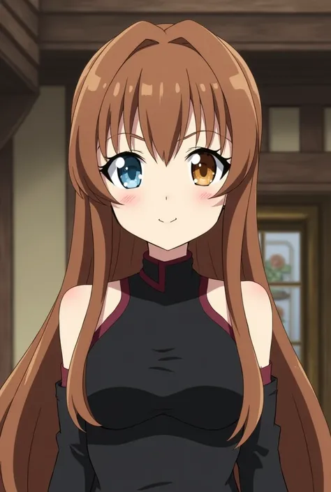 Screenshot nanatsu no Taizai . Girl with brown hair and the back is honey-colored straight up to the hips with bangs.  Her right eye is ice blue and her left eye is honey colored .  has a cheerful and calm expression . He is wearing a half-medieval uncover...