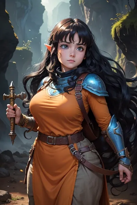 A beautiful village woman with a gentle smile, ((best quality))) (((HD))) (((8k))) (character) 20-year-old woman, ((adventurous)), (((one eye green)) and ((one eye blue))), ((dwarf)), ((long pointy ears)), ((beautiful)), (((black hair)) and ((very long hai...