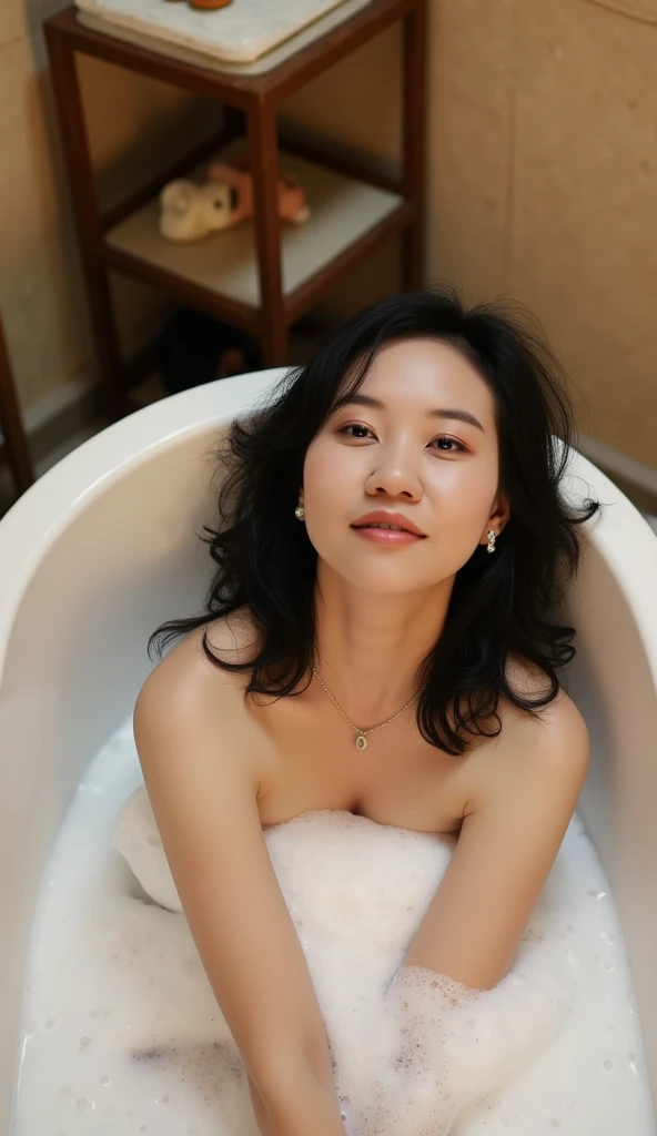 Professional photography, SFW, realistic, Wong Kar-Wai, retro, indoor, shot from top down photo of Asian woman lying in the bathtub, she has long messy black hair, she is bathing, she has pretty makeup, the bathtub full of soap foam, photo has bubbles flyi...