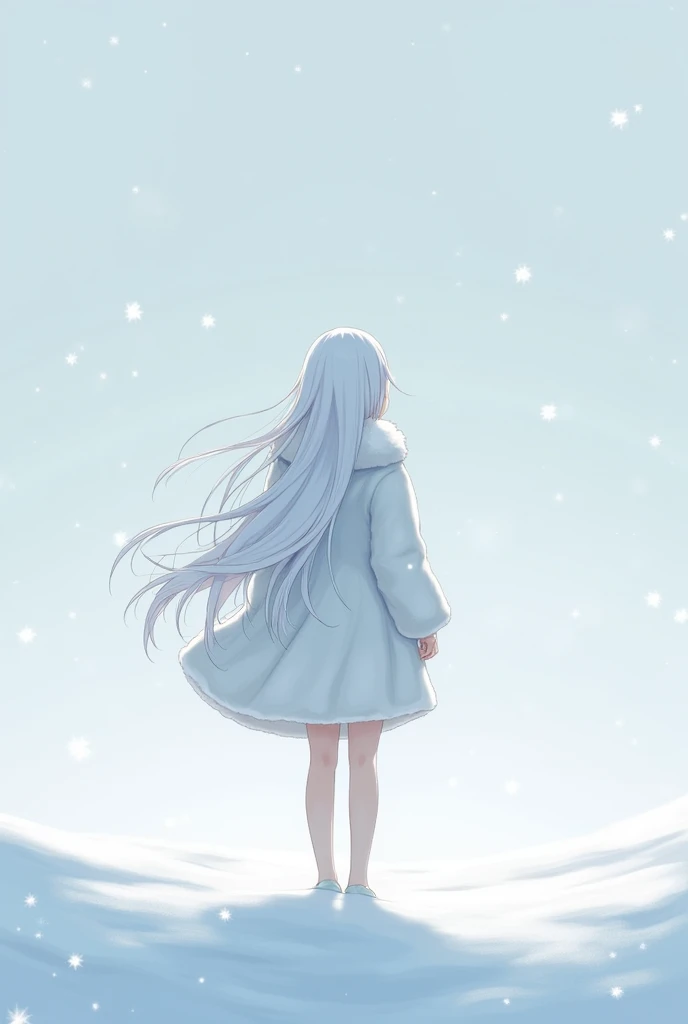 a girl is standing on a snow field wearing a thick white fur coat. she has long white hair. she is looking up to the sky, view from behind, back view, there is snow falling from the sky, snow particles, anime art, anime inspired art style, 