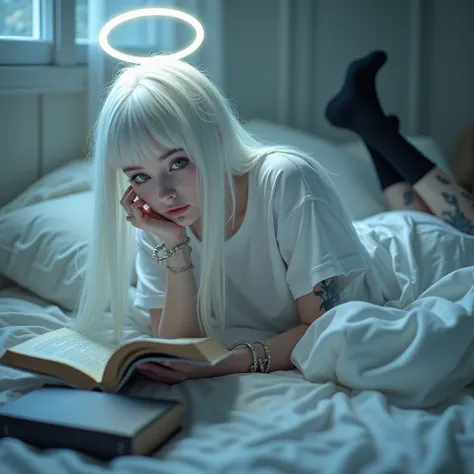 Pale skin beautiful girl. Age 21. Long white straight hair. Emo style hair. Piercings and tattoos. Wearing a white t shirt with white pajamas pants with black socks on. vaping. Laying in bed. White girl. Reading a book. Halo above head. 