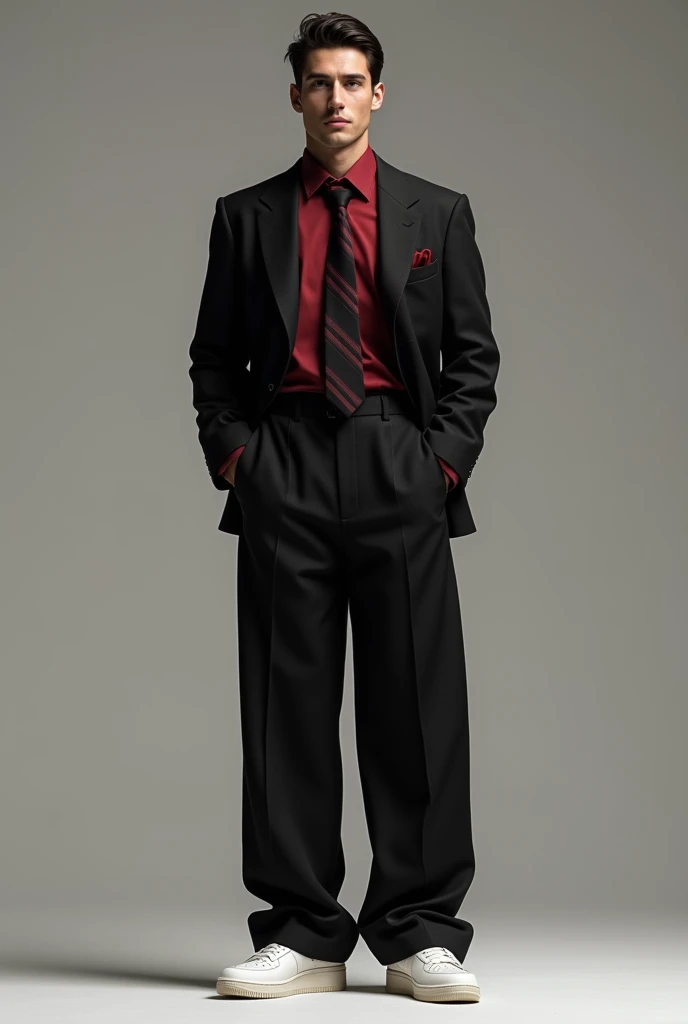 Make an image of a character wearing a black cloth suit with a wine-red shirt and a black tie with vinotinto stripes and white Air Force 1 shoes with wide and long pants