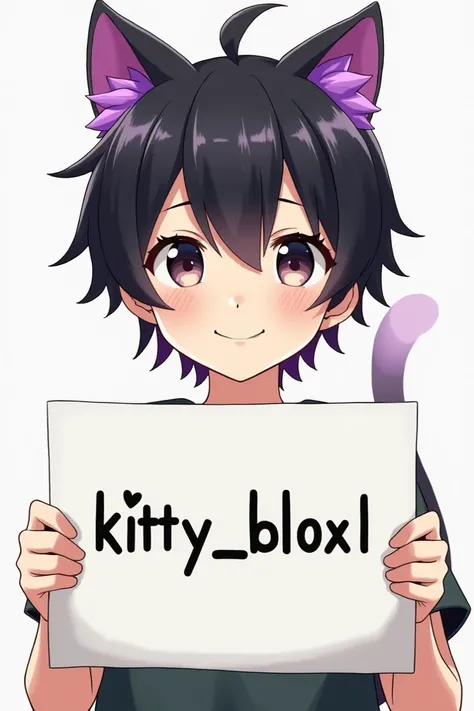 A boy with cats ears anime version and whose hair is black and the tips purple and who has a sign in his hands that says Kitty_blox1 