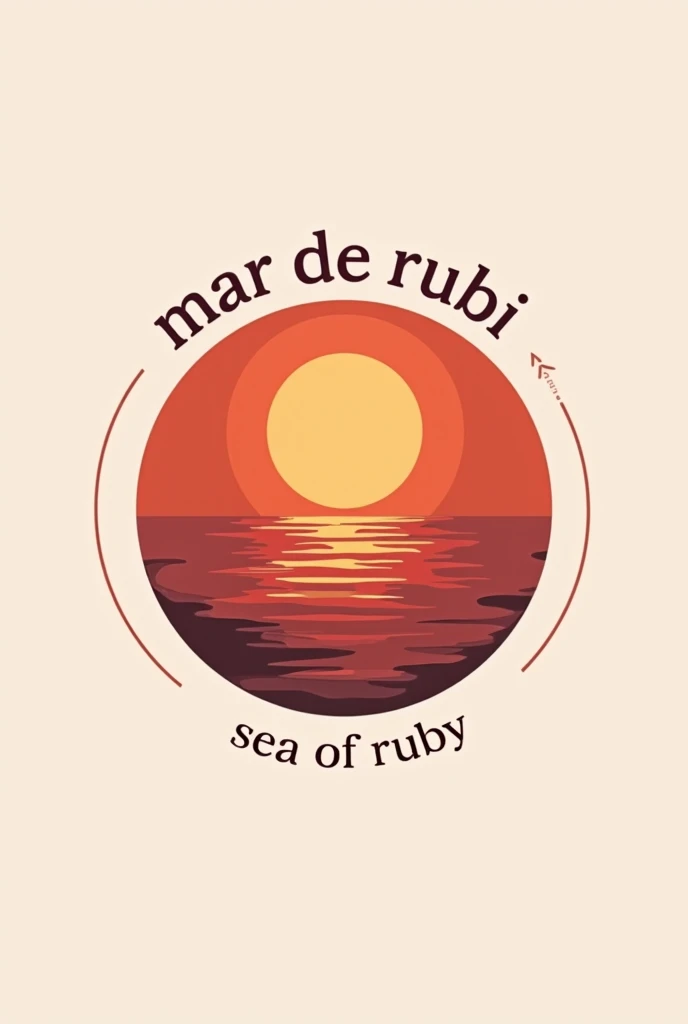 Create a round logo that has a minimalist style, that has a red sea, a sun and that around the sun says “Mar de Rubi” in Spanish.