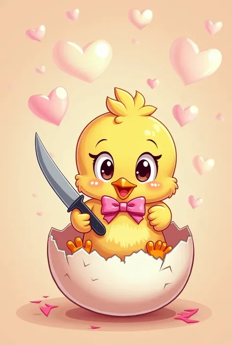  Cartoon of a baby chick with a knife and a pink ribbon in an eggshell, transparent hearts in the background 