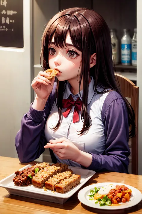 Girl eating minced meat cutlet bread