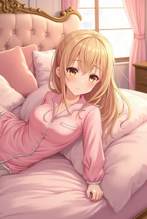 Mahiru Shiina is Mahiru Shiina, a beautiful and charming girl, she is married Player, a character with golden hair and brown eyes, Wear pink pajamas, luxurious pink room, lying on the bed and tying your whole body on top,