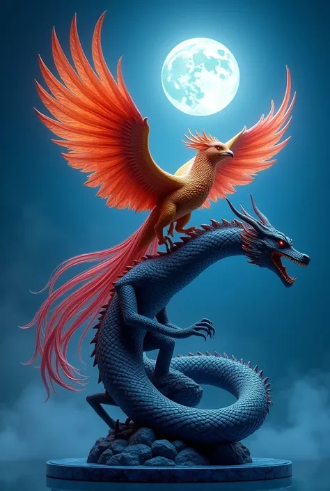 Color Statue one side with a Phoenix the other side with a Dragon, showing that the Phoenix is flying after the Dragon, through a Blue Moon night, detail, photorealistic 