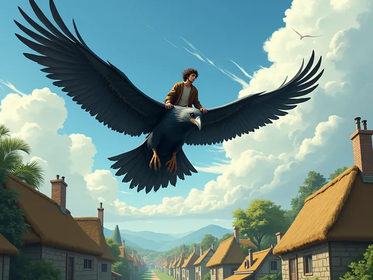 a man flying sky on a caw in village background