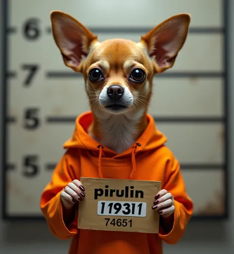 Criminal Chihuahua ,  in jail wearing an orange ,  prisoners uniform and saying “pirulin” in his name, he also is standing in its to legs holding a cartel with the number “17931”, he looks evil but at the aame time cute, behind him is a wall with number an...