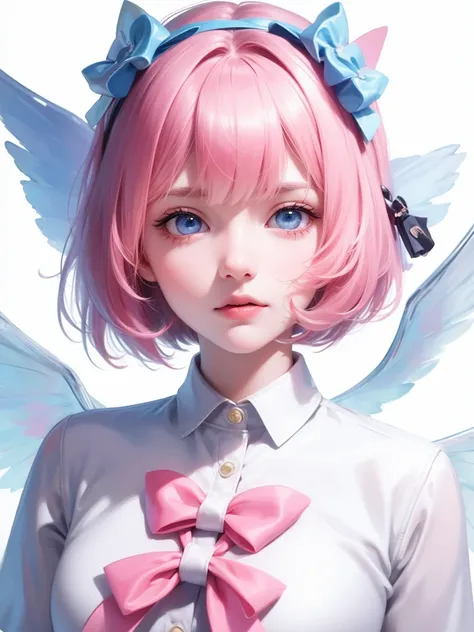 Ski style , 1girl,  solo ,  pink hair,   animal ears  , blue eyes,  Wings ,  Watching the viewer, mole, Bangs, short hair,  Bow Down , sailor collar,  simple background , white sailor collar, mole under mouth, hair  Bow Down , pink  Bow Down , Shut up, shi...