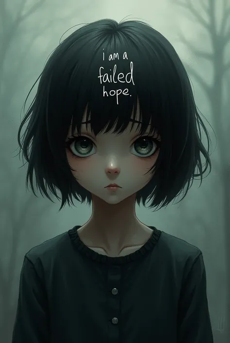 A girl with short hair and on top of it is written I am a failed hope that attracts with a gripping and gloomy atmosphere