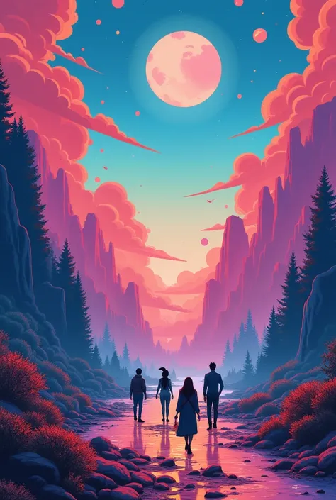  Could you create illustrations for this story please . Donde que yeji es un zorro  y bang chan es un un lobo 
Chapter 7: The Journey to Utopia *

(Scene:  A surreal landscape with vibrant colors and geometric shapes)

Nayeon (Twice): " Where are we ?  Thi...