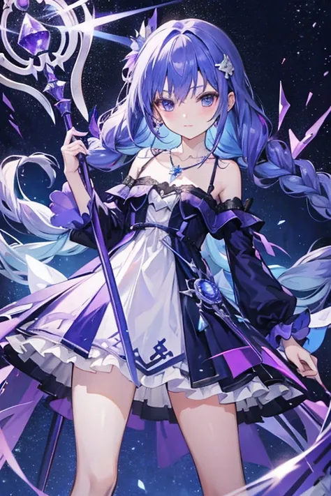 anime light & dark purple with blue girl, dress & crystal necklace, flower, staff, long hair with small braids in hair