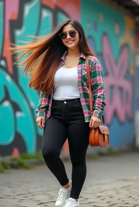 Real picture,  a beautiful young chubby Indonesian woman , long straight black reddish brown hair blowing in the wind,dynamic pose ,wears a tosca green and pink checkered shirt,black jeans,  sneaker , holding and wearing sunglasses over pavement paving blo...