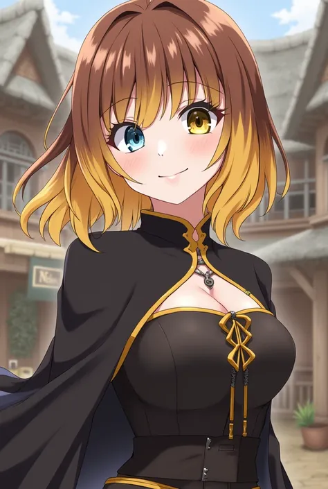 Screenshot nanatsu no Taizai . Girl with brown hair and her back is straight blonde up to her hips with bangs .  Her right eye is ice blue and her left eye is honey colored .  has a cheerful and calm expression .  she is wearing a half-fight black costume ...