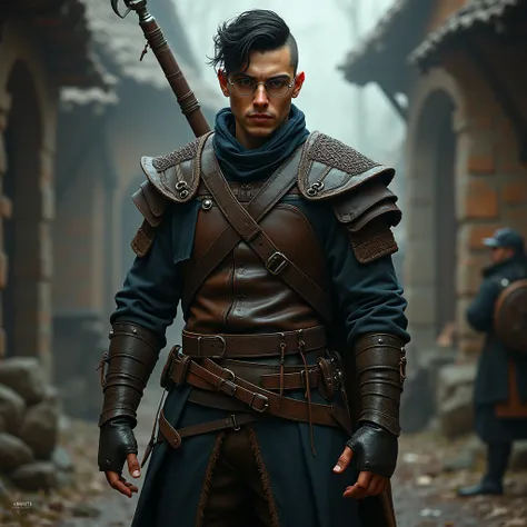 Young man with shaved frizzy black hair and glasses wearing Witcher 3 outfit