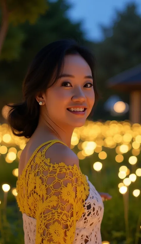 (8K, Highest quality, masterpiece: 1.2), (Realistic, photo Realistic: 1.37), Super detailed, one beautiful girl, Wide viewing angles, Firefly Garden, lots of little faint lights and fireflies flying around, night, detailed face, detailed eyes, detailed lip...