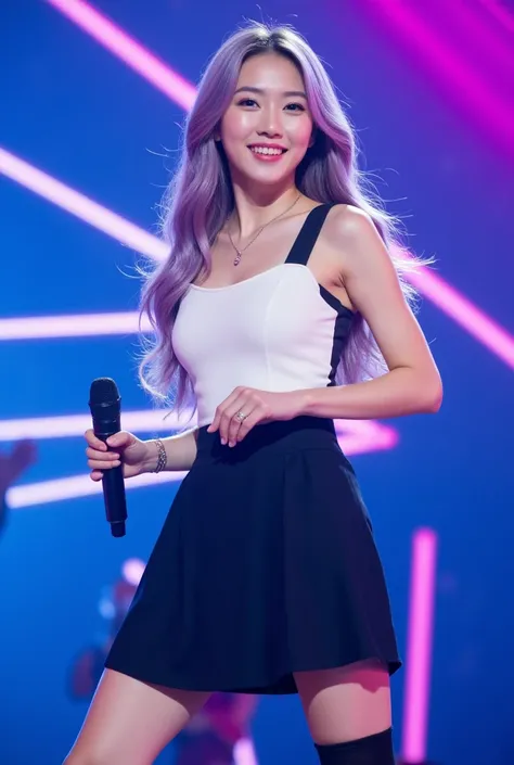 A beautiful Korean K pop star girl, is dancing performing on a stage, smiling, holding a wireless microphone, she has long light purple hair and slim shape, she is wearing a white tank top and black short a-line skirt with few accessories like necklace and...