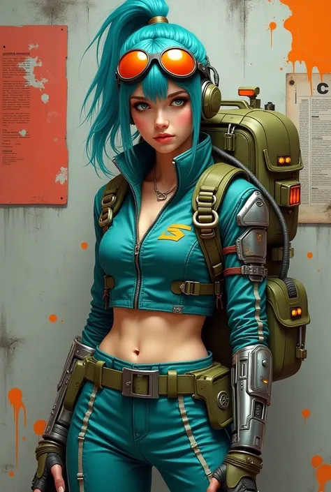 A digital painting in a cyberpunk style depicts a young female character standing confidently against an urban, dystopian background. The character has vibrant turquoise blue hair tied back in a ponytail with loose strands framing her face, which is adorne...