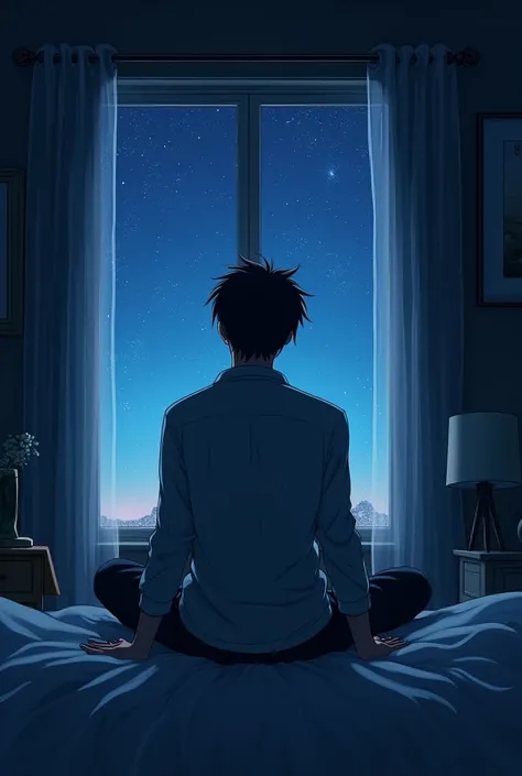 Anime like picture of a man looking out of window of a room in the night sky