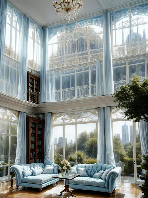  high resolution image with puffy cheeks， Glass House， Large Floor-to-Ceiling Windows ，There is a blue sofa in the room， There is a large cafe table in the room ,  white curtains ，Bookshelf。The walls are glass windows ，  The most important thing in the roo...