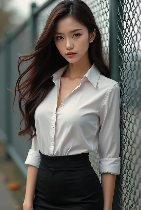  asian girl, solo, long hair, looking at viewer, skirt, brown hair, shirt, brown eyes, white shirt, outdoors, belt, black skirt, pencil skirt, realistic, fence, chain-link fence ,excellent, performance and top quality. high resolution 
