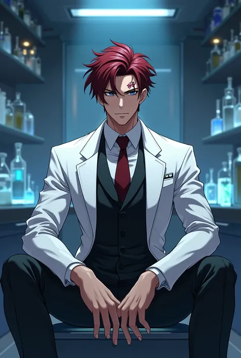 A man, handsome face, dark black eyes, short wine red hair, wearing a white robe inside a suit, one face has a burn scar, a tall and muscular body, sitting in a laboratory, anime style.