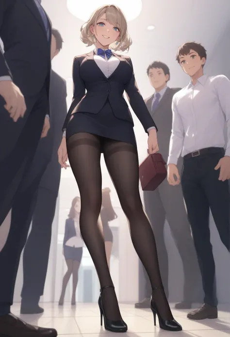 (( best quality)), ((masterpiece)), (be familiar with)  perfect face　Three mature women 、Manga style illustration、Office Style、 business suit、 black jacket 、White open shirt、 black knee-length pencil skirt 、 black pantyhose、 wearing black high heel pumps、C...