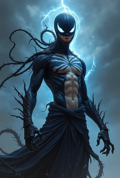 Create a striking hybrid character that combines elements of Venom from Spider-Man and Avatar Aang from Avatar: The Last Airbender. The character has Aangs youthful, agile build, but his body is covered in the black, gooey symbiote of Venom, giving him a s...