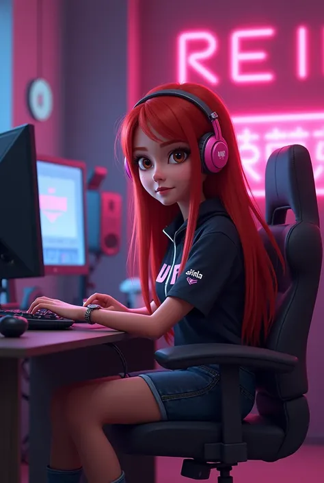 Pixar-like poster featuring a character with red hair,  Long and straight , Brown eyes, wearing Warzone , with logo, in a sitting room with a computer with pink headphones, And that it has the name REINA in the background, gamer girl, video game background