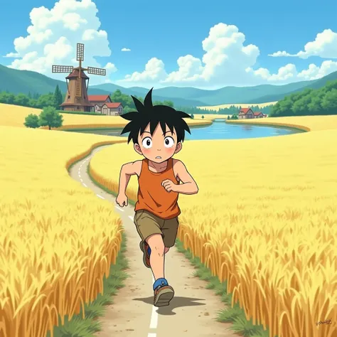 Future Boy Conan, a  natural boy, wearing an ochre tank top and brown shorts, runs along a single road in a vast wheat field in High Harbor. His movements are dynamic, with a small village visible in the distance, a lake and a windmill beside it. anime cha...