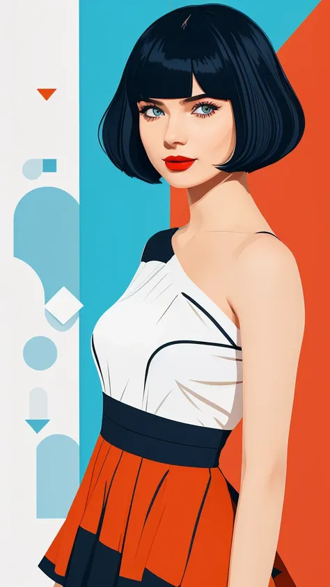  Create a flat illustration of a realistic female character with a black bob cut, striking blue eyes, and red lips. She is wearing a dress featuring an orange ruffle off-the-shoulder top, showcasing her bare shoulders. The character has a warm smile, exudi...