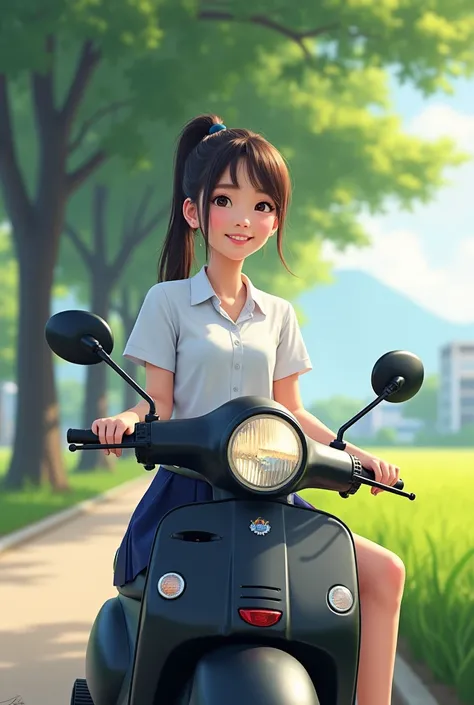 a young Asian girl, seated on a black scooter, smiling at the camera. She is dressed in a short-sleeved white button-down shirt and a navy blue skirt. Her hair is pulled back in a ponytail, adding a pop of color to her face. The scooter is parked on the si...