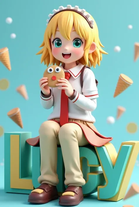 Usui chico escolar   animated 3d  hair or color blonde sitting on the name "Lucy",     letters in the color of the same background of a virtual aquatic atmospheric gradient  ,   expressive green eyes like the sea  ,  3D rendering   , Photo, realistic ,    ...