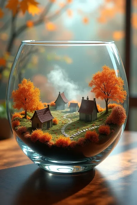 Crystal glass salad bowl revealing an autumn fairytale landscape, miniature houses nestled among fiery-colored foliage, tendrils of mist rolling through the scene, bowl with subtle watermark patterns, reflections enhancing the depth of the view, surreal, d...