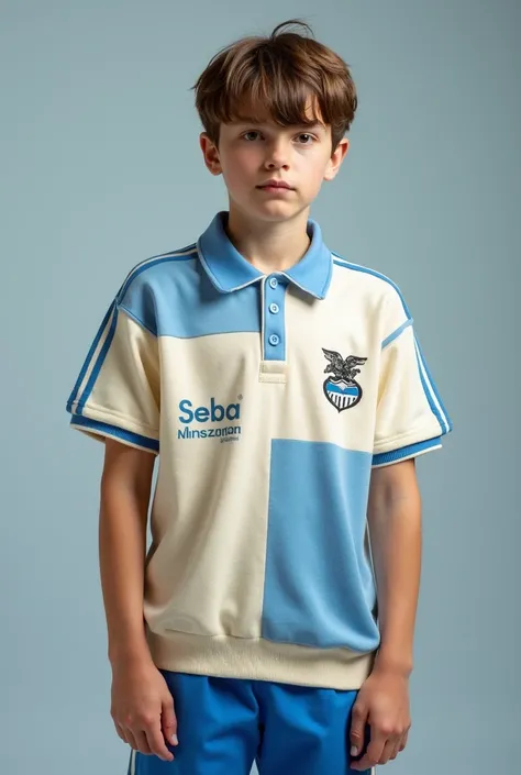 The school mod with false collar, short sleeves and with light cream, naming and various types of blue, something soccer style, lines on the sides, nice but noticeable with the name Seba in large on the back and 2024 in small on the part of the left chest ...