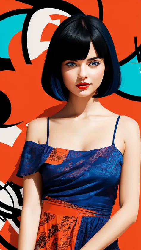  Create a flat illustration of a realistic female character with a black bob cut, striking blue eyes, and red lips. She is wearing a dress featuring an orange ruffle off-the-shoulder top, showcasing her bare shoulders. The character has a warm smile, exudi...