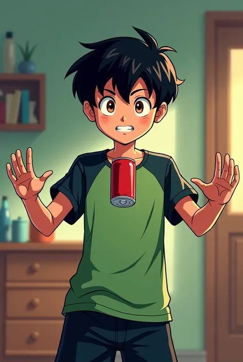 (comic) A teenage boy ,  with black hair,  brown eyes ,  wearing a green and black shirt , black shorts,  using your hands to levitate an empty soda can, In the background,  a room 