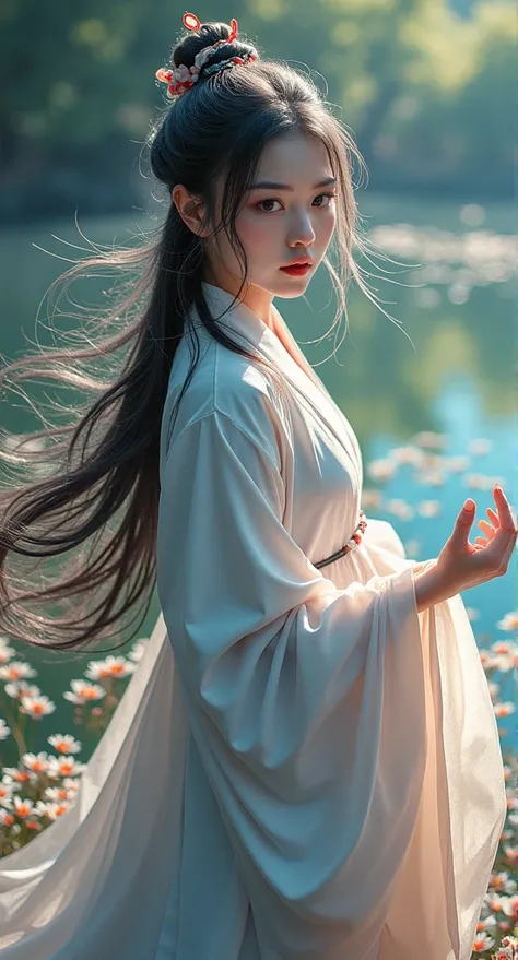 32K（masterpiece，【khd】， Ultra HD，32K），pond，bloom， color，  black hair  （concubine）， （Scarves）， Fighting Stance， Look at the ground， White hair， floating hair，  flower painting art station ， Long-sleeved Chinese clothing， color， black hair ，Background is soli...