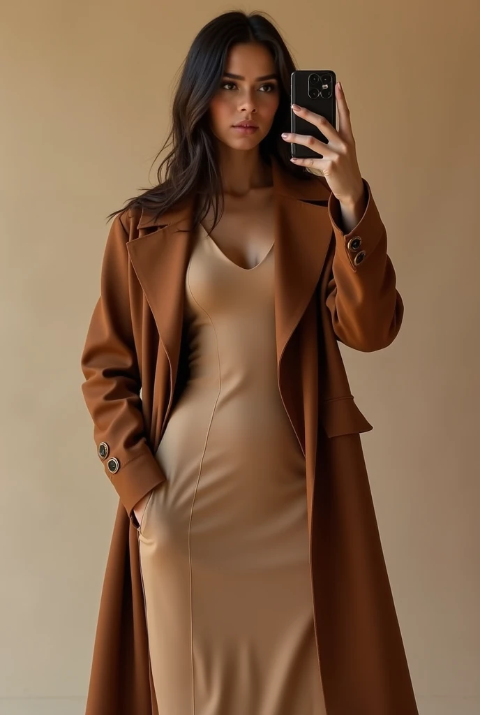 a woman taking a selfie in a beige dress and brown coat, dark brown duster, in a brown leather maxi jacket, light brown coat, long coat, high fashion classy, wearing a long coat, sleek outfit, brown clothes, wearing a long beige trench coat, light brown tr...