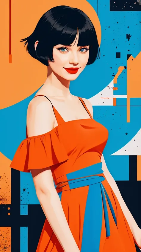  Create a flat illustration of a realistic female character with a black bob cut, striking blue eyes, and red lips. She is wearing a dress featuring an orange ruffle off-the-shoulder top, showcasing her bare shoulders. The character has a warm smile, exudi...