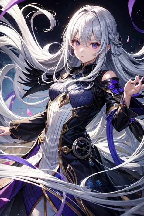  Hairstyle with the whole hair flowing back、[Strange Eyes、Silver hair back、male、Her hair is shoulder length、[Strange Eyes、maleの左目赤色、male右目青、Purple coat、Increase the wide angle、Clear Iron Solo 、