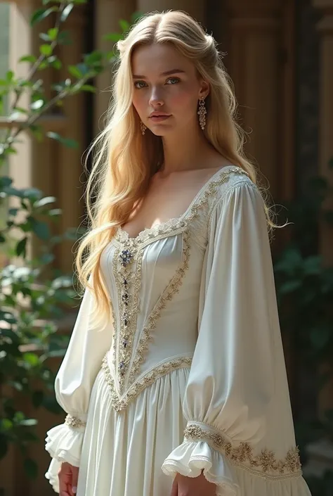 Beautiful woman from medieval times with white clothes typical of the time