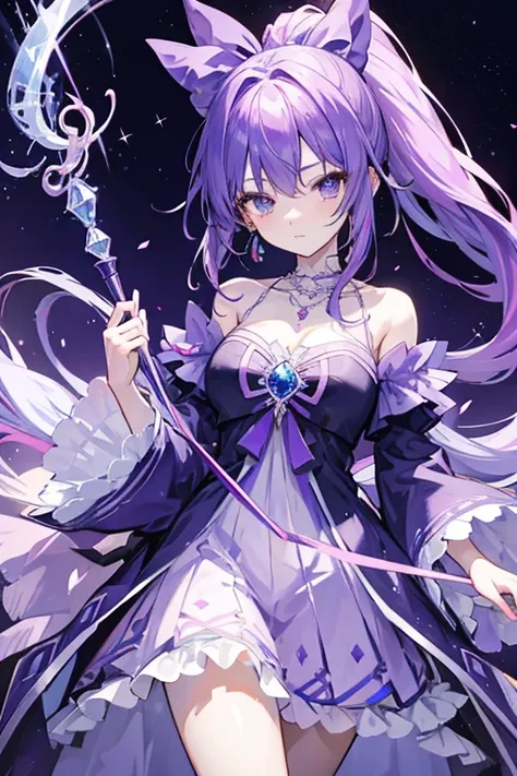 anime light & dark purple with blue and pink girl, big dress & crystal necklace, flower, staff, long ponytail tied u by ribbon