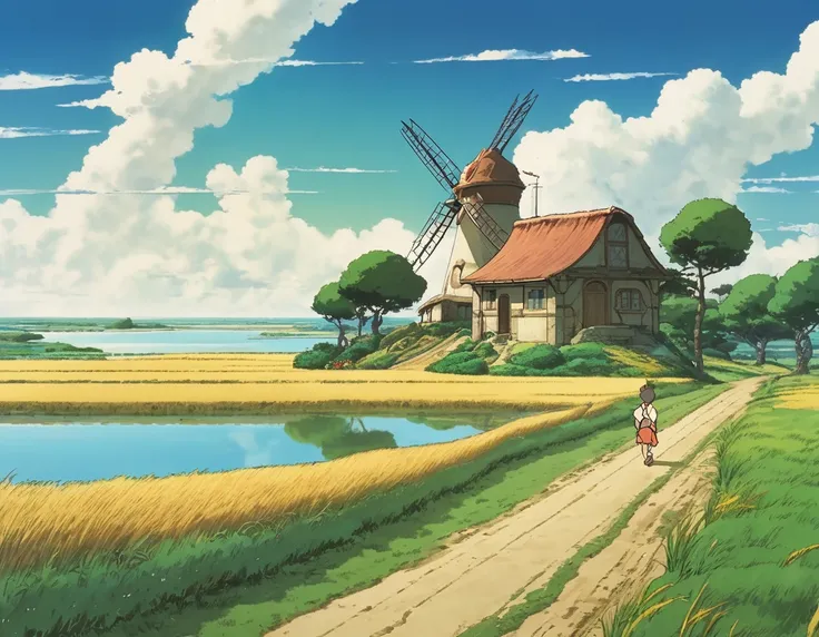 Future Boy Conan, High Harbor, a single road in a vast wheat field, a small village in the distance, a lake and a windmill beside it. A background reminiscent of Studio Ghibli