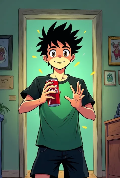 (comic) A teenage boy ,  with black hair,  brown eyes ,  wearing a green and black shirt , black shorts, in your room,  using your hands to levitate an empty soda can