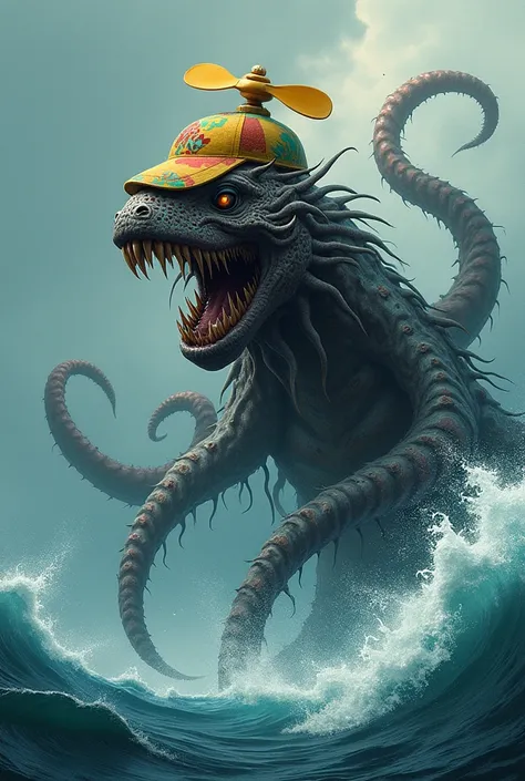 Sea Monster H . p.  Lovecraft wearing colorful cap with a plastic propeller on top