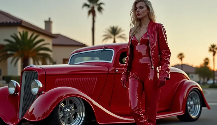 realistic photo, woman standing next to rat rod , wearing red shinny pvc jumpsuit , red shiny pvc jacket , wearing red shinny pvc thigh high boots , red shinny pvc long gloves , in californian street at dusk
