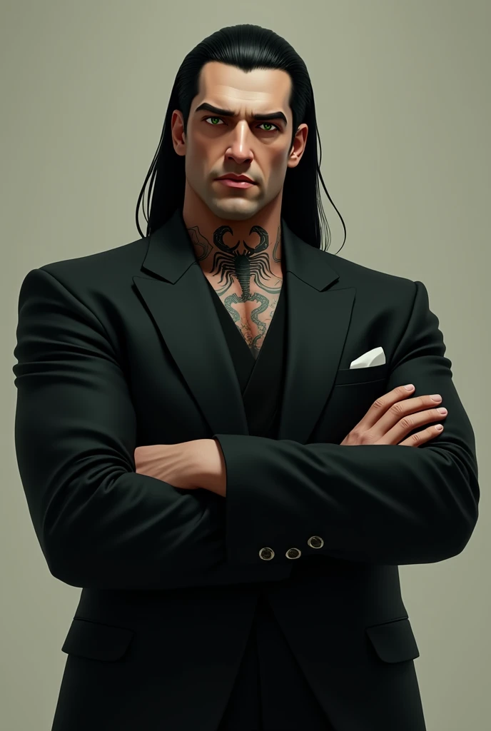  a man with straight long black hair,  green eyes,  muscular build , black suit dress, tattoo of a scorpion on the neck, Crossed arms and neutral expression, mafioso 